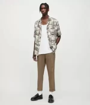 Image of AllSaints Mens Cotton Traditional Tallis Cropped Slim Trousers, Brown, Size: 28, Brown