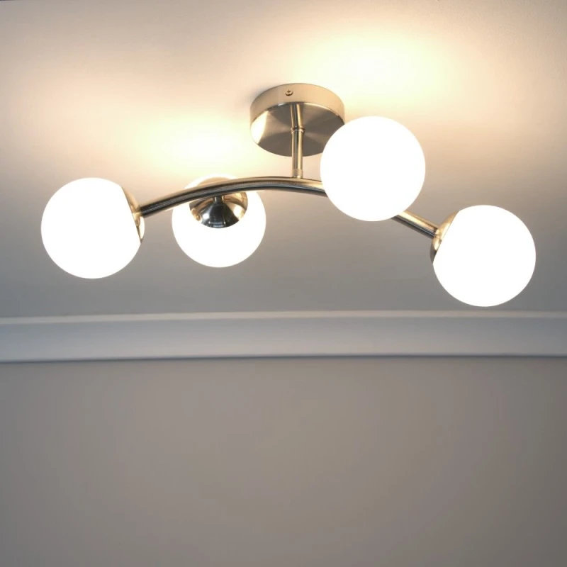 Image of ValueLights Jas 4 Way Ceiling Light with Opal White Frosted Glass Globe Shades and LED Bulbs Silver
