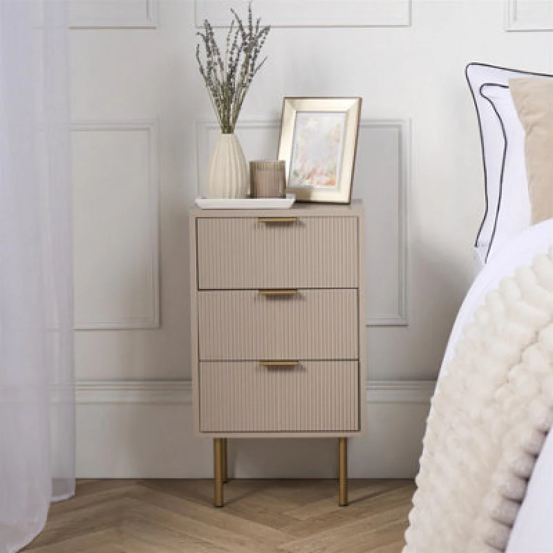 Image of OHS OHS Ribbed Bedside Table Modern Bedroom 3 Draw Office Nightstand in Natural Natural One Size Unisex 5027434212859