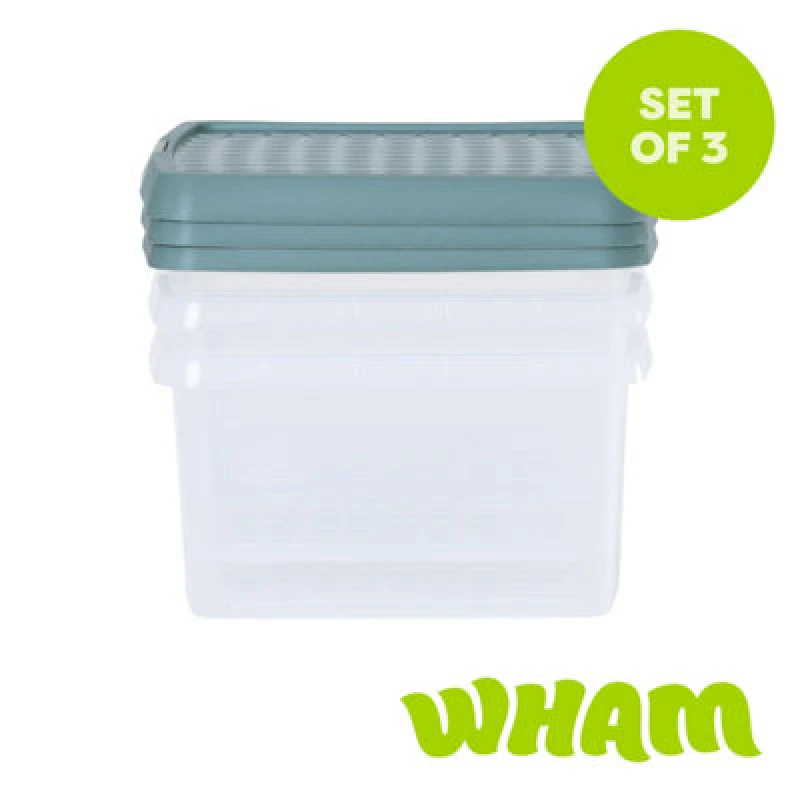 Image of Wham Clip 3X 9L Square Plastic Storage Boxes With Clip Lock Lids. Ideal For Home, Office, Toys & More - Clear/green Milieu