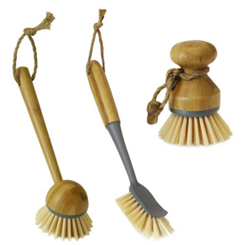 Image of JVL Bamboo Cleaning Essentials, Dish Brush Selection Set of 3 Brown