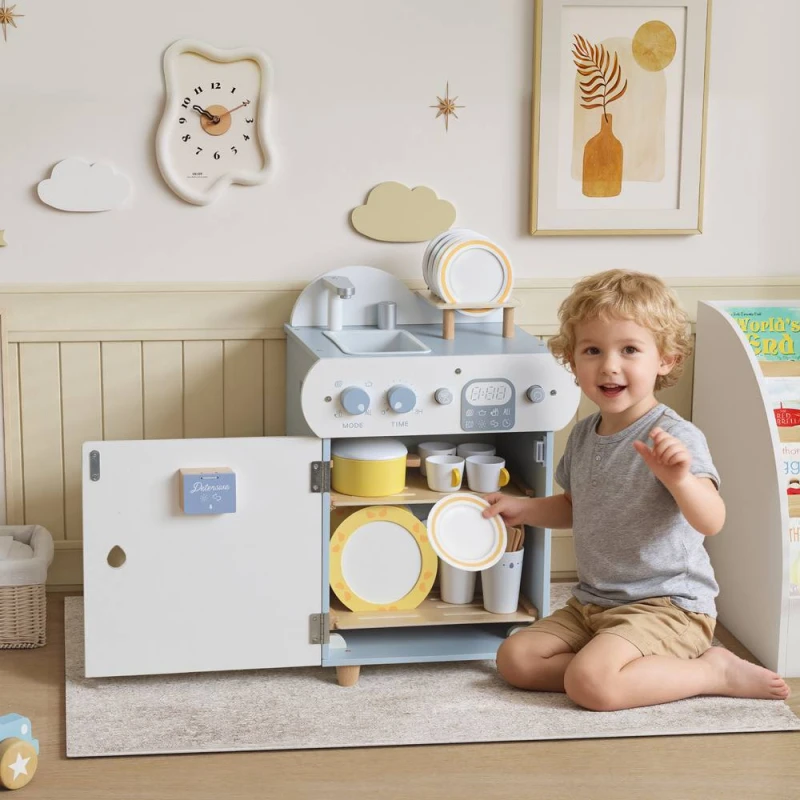 Image of AIYAPLAY Wooden Dishwasher Playset, Kitchen Sink Toys with Accessories in Light Blue Light Blue Unisex