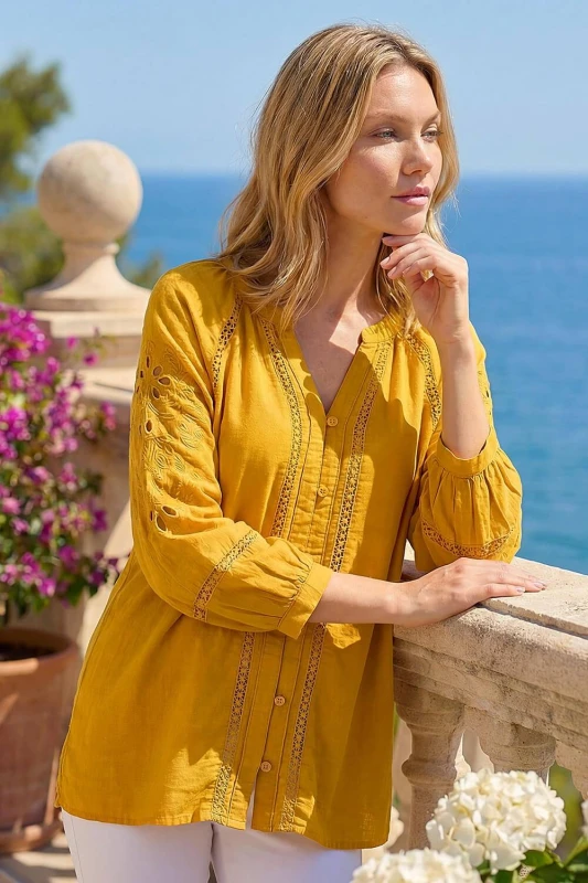 Image of Roman Womens Embroidered Cotton Sleeve Blouse in Mustard Size: 12 Mustard Female 12