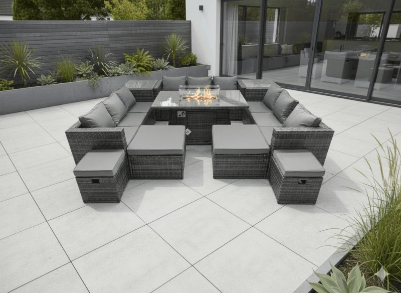 Image of Fimous Rattan Garden Furniture Firepit Dining Set 13 Seater Lounge Sofa Table Set with 4 Footstools 2 Side Tables Dark Grey