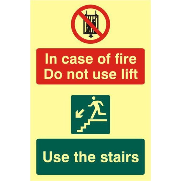 Image of ASEC In Case Of Fire Do Not Use Lift 200mm x 300mm PVC Self Adhesive Photo luminescent Sign