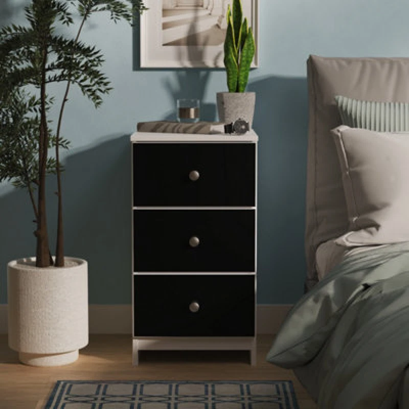 Image of Portland 3 Drawer Bedside Cabinet In Black & White Matt (Ready Assembled)