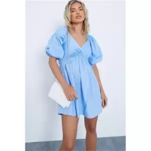 Image of I Saw It First Baby Blue Cotton Poplin Wrap Front Frill Skater Dress - Blue