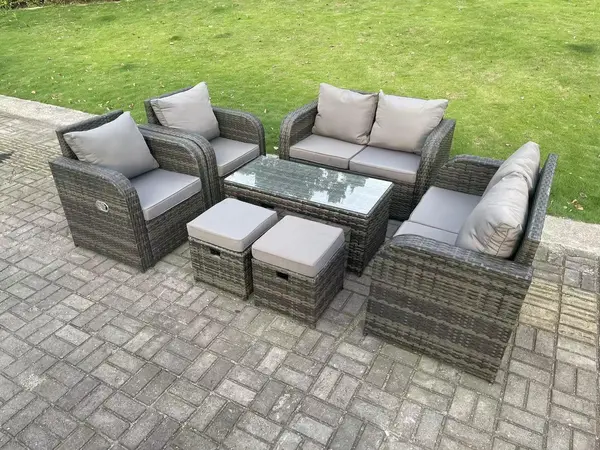 Image of Fimous 6 Seater Outdoor Dark Grey Rattan Lounge Complete Sofa Set with Reclining Chair, Coffee Table and 2 Stools
