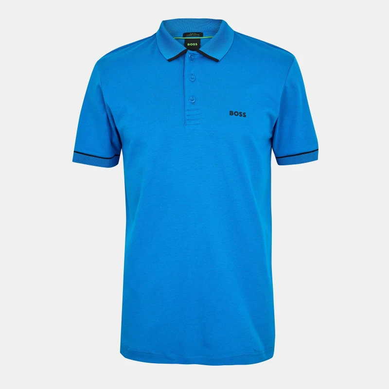 Image of Boss Mens Paule Cotton Short Sleeve Slim Fit Polo Shirt Open Blue male S