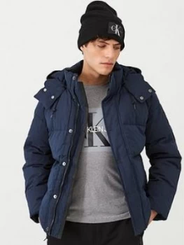 Image of Calvin Klein Mid Length Mock Down Jacket - Navy Blue, Navy, Size S, Men