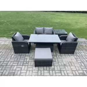 Image of Fimous 4 Seater Outdoor Dark Grey Rattan Lounge Complete Sofa Set with Adjustable Dining Table and Big Footstool