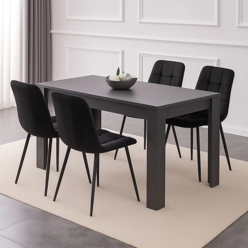 Image of KOSY KOALA Dining Table and 4 Chairs Black Dark Grey Velvet Chairs Wood Dining Set Furniture Arrow Charcoal 117 + 4 Black Rocco