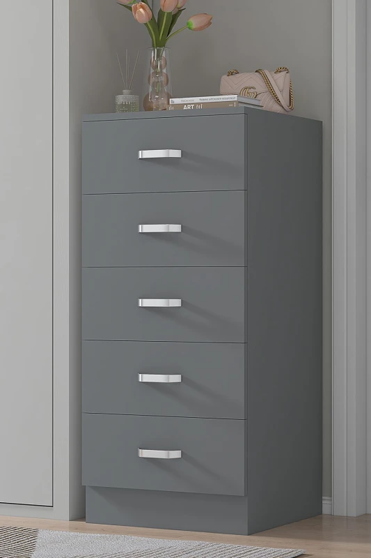 Image of FWStyle Tunis 5 Drawer Tall Slim Chest Of Drawers - Matt Grey Grey