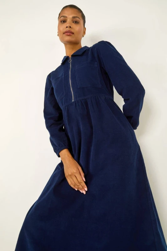 Image of Roman Womens Corduroy Zip Detail Midi Dress in Navy Size: 18 Navy Female 18