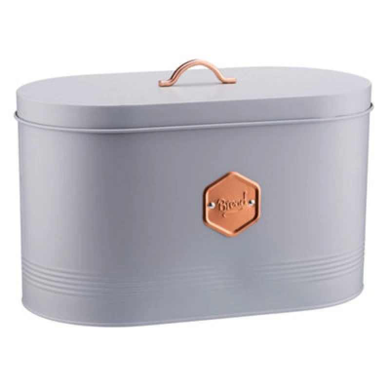 Image of Cooks Professional Bread Bin - Modern Kitchen Countertop Labelled Metal Storage Canister Breathable Container - Grey & Copper