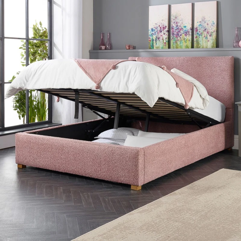 Image of Aspire Aspire Boucle Upholstered Garland Ottoman Bed Frame in Rose Size: Small Double Rose Small Double Unisex 5057632185464