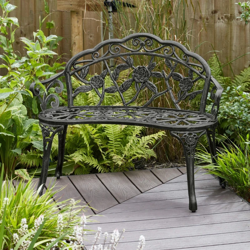 Image of HOME SOURCE Home Source - Cast Aluminium Garden Bench Metal Frame 2 Seater Patio Chair Outdoor Seating BENROSBLK