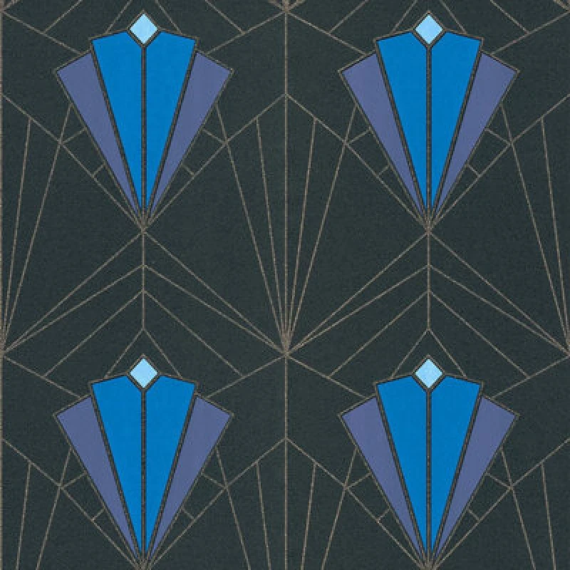 Image of Debona Isadora Art Deco Retro Glitter Textured Black Blue Gold Wallpaper 2492