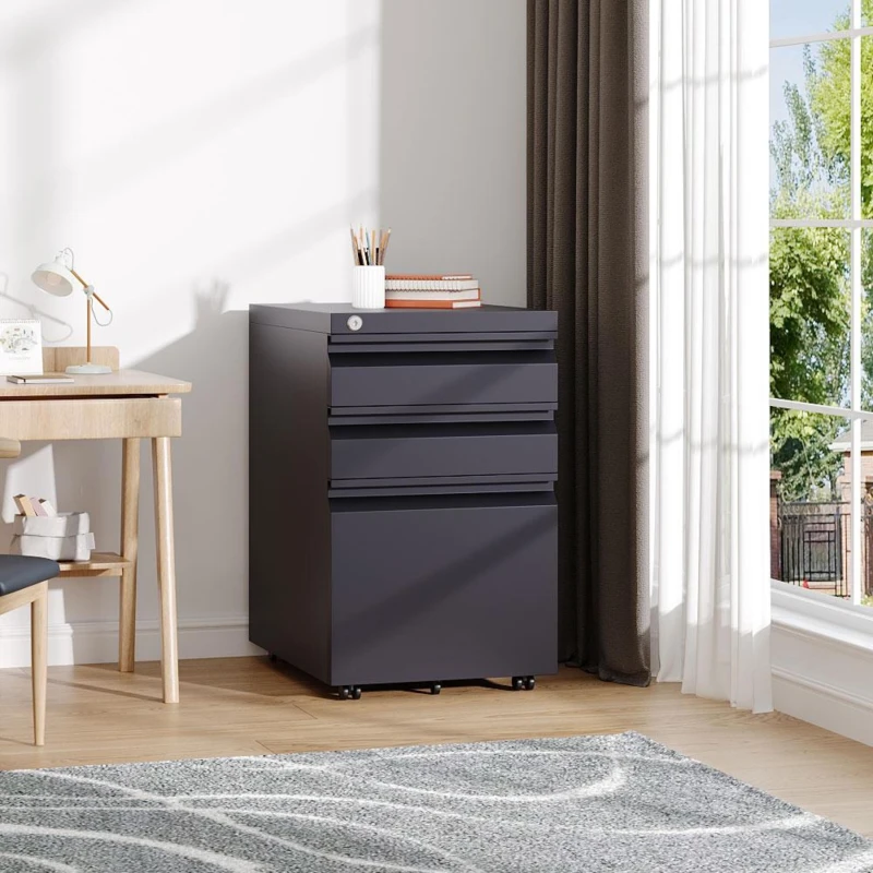 Image of Kabinet UK 3-Drawer Black File Cabinet with Wheels Black unisex One size