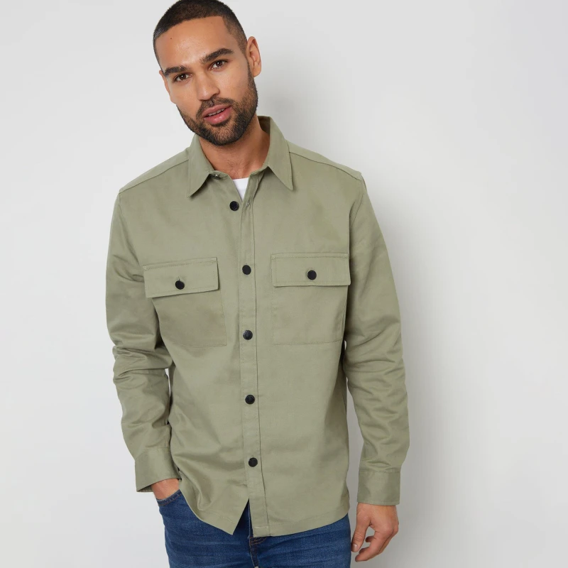 Image of Threadbare Church Cotton Twill Button Up Shacket - Green Green M