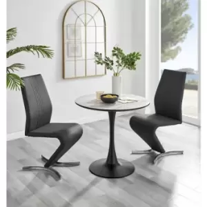 Image of Furniturebox UK - Furniturebox Elina White Marble Effect Modern 80cm Round Dining Table & 2 Black Willow Faux Leather Chairs