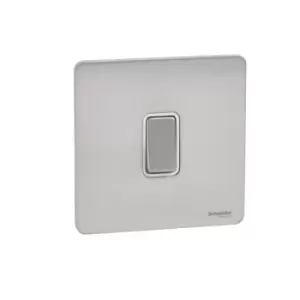 Image of Schneider Electric Ultimate Screwless Flat Plate - Single Rocker 2 Way Light Switch, Single Pole, 16AX, GU1412WSS, Stainless Steel with White Insert