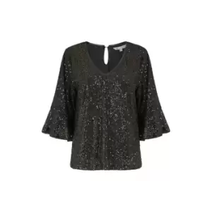 Image of Yumi Black Sequin Top With Fluted Sleeve - Black