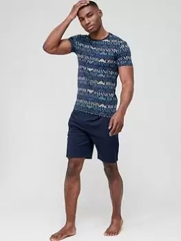 Image of Emporio Armani Bodywear All Over Logo Lounge T-Shirt & Shorts Set