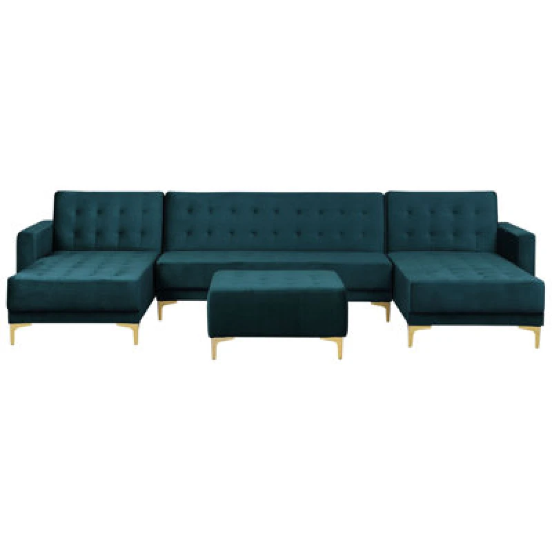 Image of Beliani Modular U-Shape Sofa Bed 5 Seater Aberdeen Velvet Teal With Ottoman