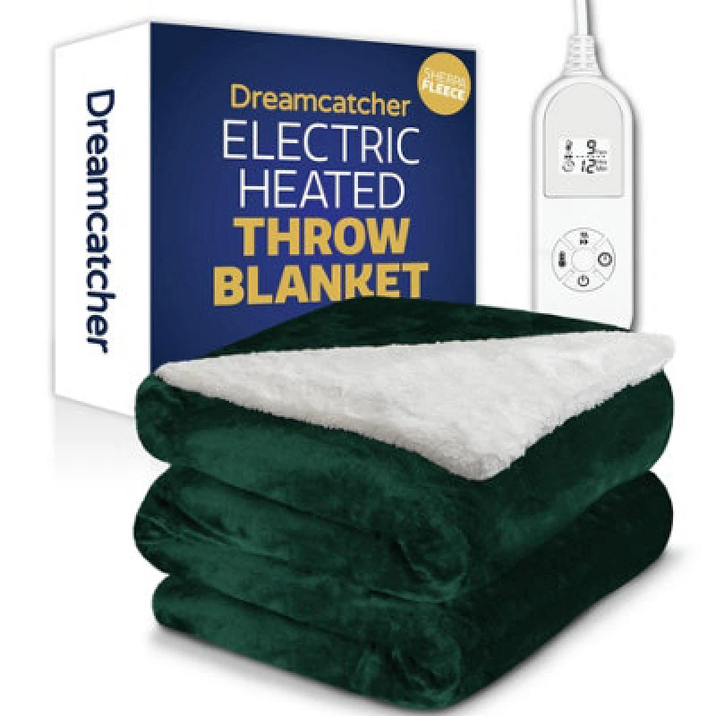 Image of Dreamcatcher Sherpa Fleece Electric Heated Throw Over Blanket Double Polyester 160Cm X 120Cm Green
