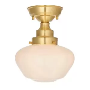 Image of Antique Brass Semi Flush Ceiling Light Fitting & Opal Glass Shade Low Profile