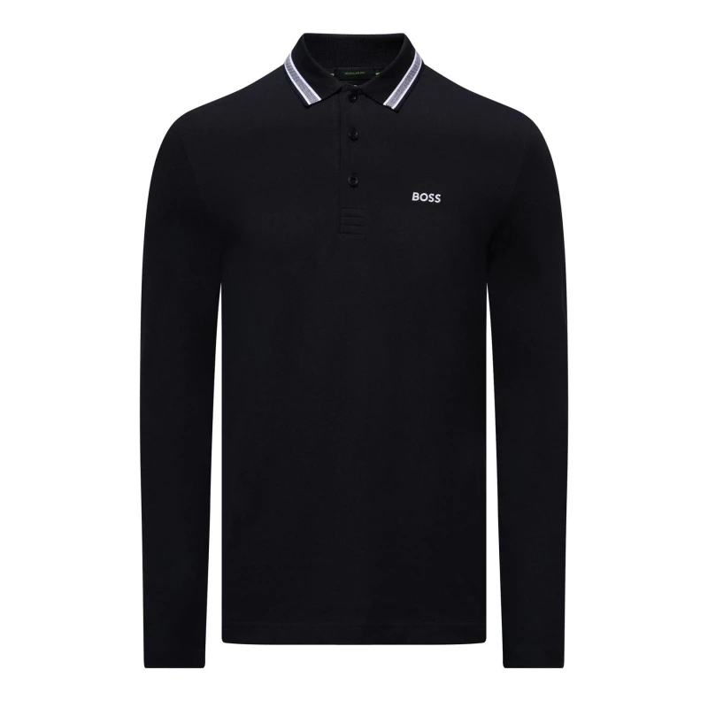 Image of Boss Plisy Long Sleeve Cotton Piqu Polo Shirt Dark Blue male S
