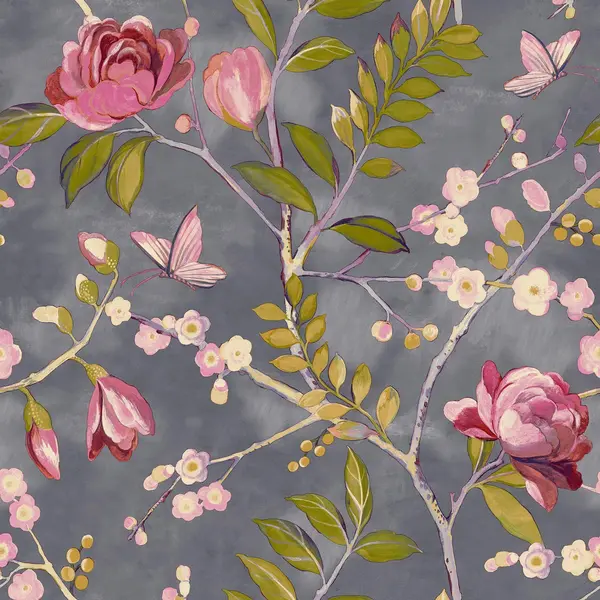 Image of Grandeco Lola Painted Floral Trail Smooth Wallpaper Dark Grey
