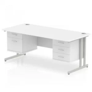 Image of Impulse 1600 Rectangle Silver Cant Leg Desk White 1 x 2 Drawer 1 x 3 Drawer Fixed Ped