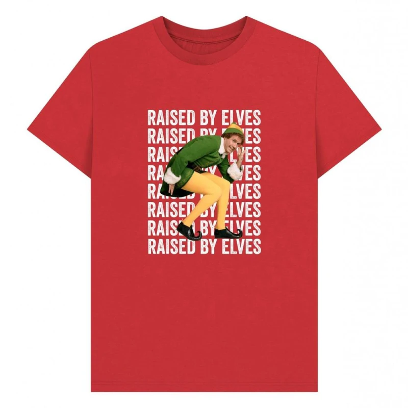 Image of Elf Mens Raised By Elves Graphic T-Shirt in Red Size: Small Red Male S