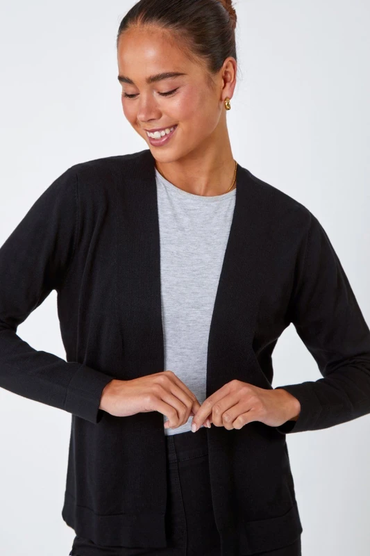 Image of Roman Womens Petite Plain Stretch Cardigan in Black Size: 10 Black Female 10