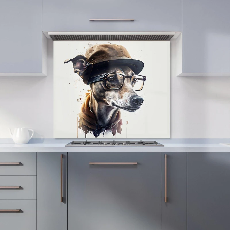 Image of Warren Reed - Designer Whippet Dog With Glasses Splashart Kitchen Splashback Size: 900mm x 750mm Multicolor Unisex 900mm x 750mm