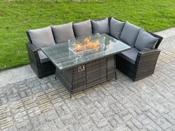 Image of Fimous High Back 6 Seater Outdoor Rattan Corner Sofa Set with Gas Fire Pit Dining Table and Gas Heater, Dark Grey