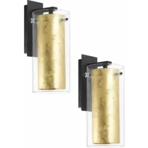 Image of 2 pack Wall Light Colour Black Back Plate Shade Gold Inner Clear Glass E27 40W