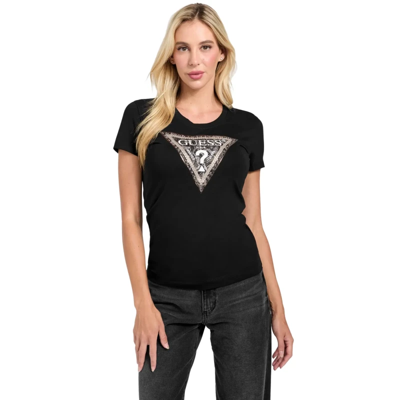 Image of Guess Womens T-Shirt Guess Triangle Python Noir Female L