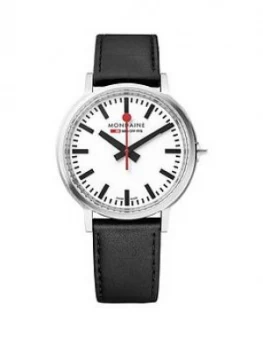 Image of Mondaine Mondaine Swiss Made Stop2Go White Sapphire Glass Dial With Backlight And Stainless Steel Brushed 41Mm Case Dial Black Leather Strap Watch