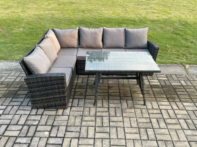 Image of Fimous Outdoor Furniture Garden Dining Set Rattan Corner Sofa Set Rectangular Dining Table Dark Grey Mixed Dark Grey