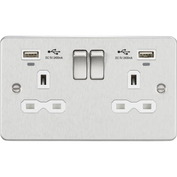 Image of KnightsBridge Flat Plate 13A 2G switched socket with USB chargers (2.4A) - Brushed Chrome with white insert