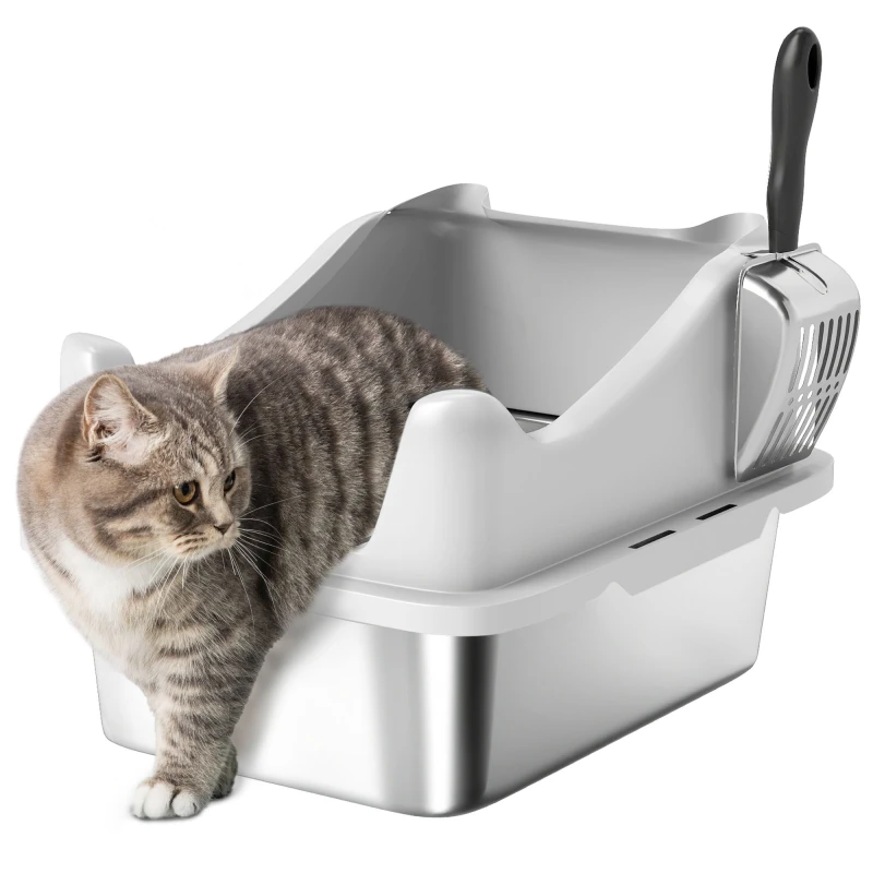 Image of PawHut Stainless Steel Cat Litter Box with High Sides, 43 x 33 x 25 cm, Grey D31-134V00GY