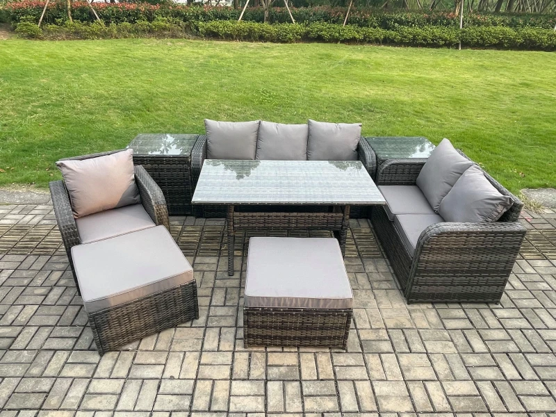 Image of Fimous 8 Piece Rattan Garden Furniture Set with Patio Sofa Rectangular Dining Table 2 Side Tables 2 Big Footstool Indoor Conservatory Patio Set Dark G