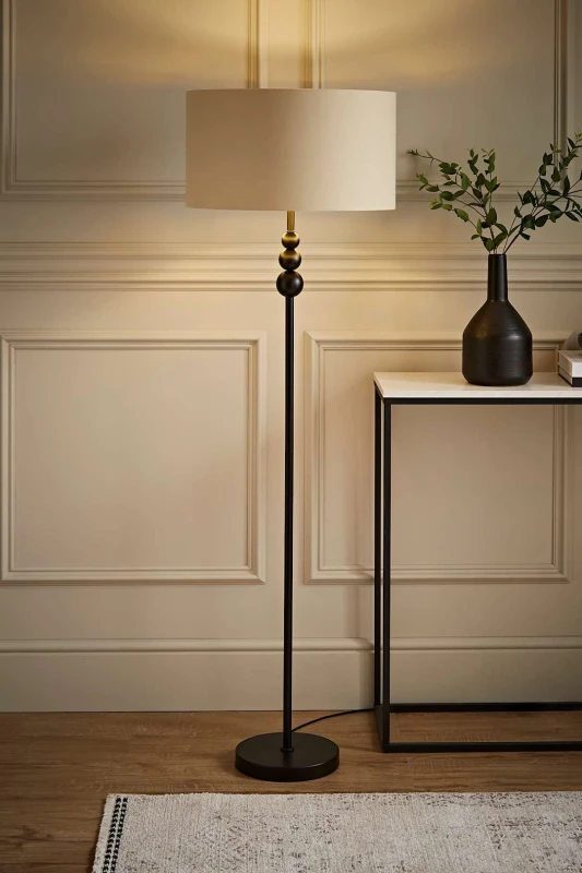 Image of ValueLights Marissa Beige and Metallic Gold Shade with Black Stacked Ball Floor Lamp Beige
