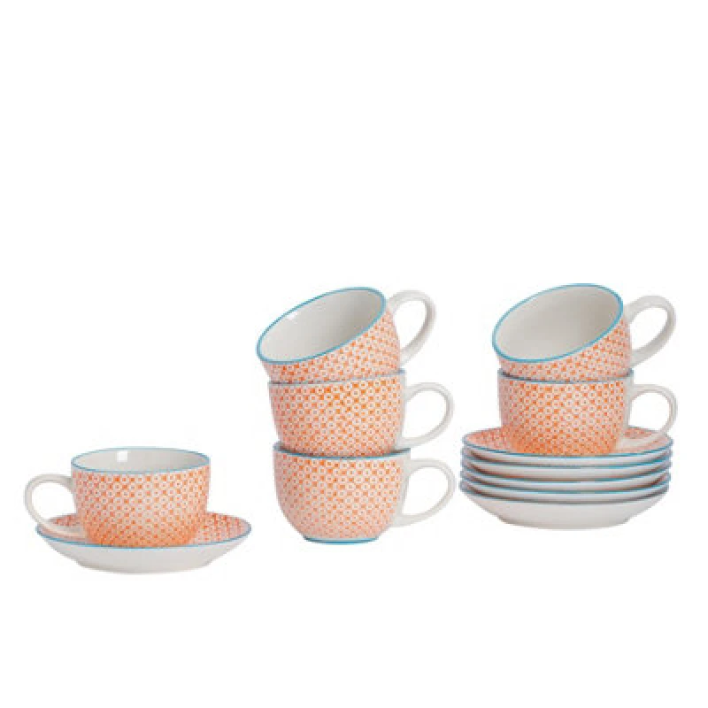 Image of Nicola Spring 12 Piece Hand-Printed Cappuccino Cup & Saucer Set - 250ml - Orange