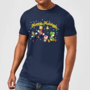 Image of Nintendo Super Mario Good Guys Happy Holidays Navy T-Shirt - M - Navy