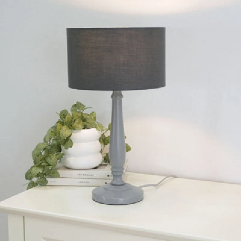 Image of ValueLights Victoria Grey Wood Traditional Table Lamp with Fabric Drum Shade Charcoal