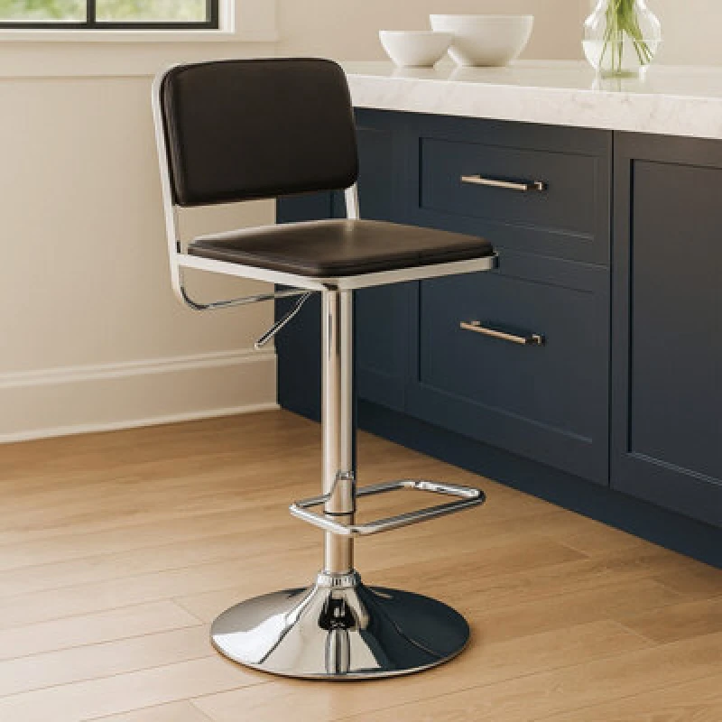Image of Premier Housewares Interiors by Premier Light Grey Seat and Chrome Base Bar Stool, Adjustable Height Kitchen Bar Stool, Footrest Swivel Barstool Black